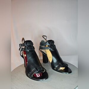 Via Spiga Black Leather Buckle Block Heels